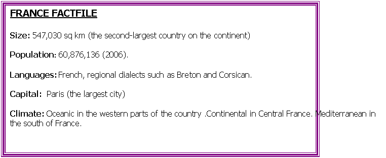 Cuadro de texto: FRANCE FACTFILE

Size: 547,030 sq km (the second-largest country on the continent)	

Population: 60,876,136 (2006).     
                                                                                       
Languages: French, regional dialects such as Breton and Corsican.

Capital:  Paris (the largest city)        
                                                                                                    
Climate: Oceanic in the western parts of the country .Continental in Central France. Mediterranean in the south of France.  
                                                                                                    
